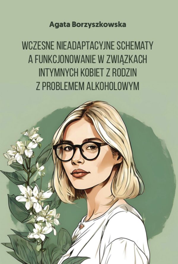 Na zielonym tle szare litery i wygenerowany przez AI portret młodej kobiety w okularach