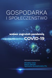 Granatowe tło, białe i szare litery, cząsteczki wirusa przypominające planety w kosmosie