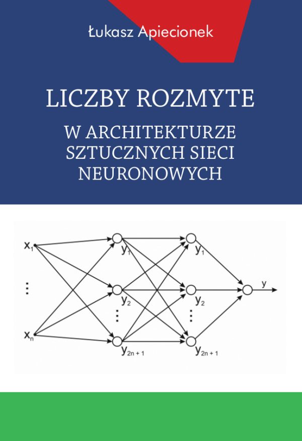 Białe litery na granatowym tle, na białym tle schemat sieci neuronowej, zielone i czerwone ozdobne elementy graficzne