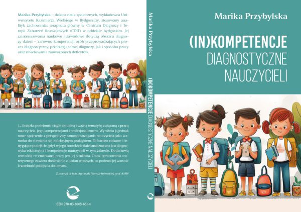 Turkusowe tło, białe liternictwo i stojące w kolorowym szeregu dzieci z tornistrami i akcesoriami szkolnymi, okładka rozłożona w poziomie