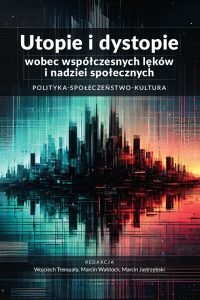 Czarne tło , białe liternictwo, futurystyczne miasto tło w połowie niebieskie w połowie czerwone