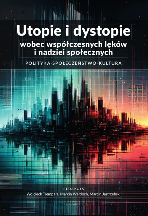 Czarne tło , białe liternictwo, futurystyczne miasto tło w połowie niebieskie w połowie czerwone