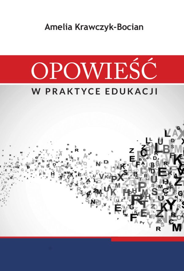 Białe przechodzące w szary tło, granatowe i czerwone pasy, Białe i czarne liternictwo, fala z rozsypanych literek