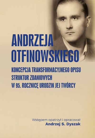 Beżowe tło, granatowe liternictwo i zdjęcie Andrzeja Otwinowskiego w sepii