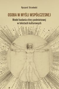 Beżowe tło, czarne liternictwo, w centrum okładki człowiek witruwiański, rysunek Leonarda Da Vinci