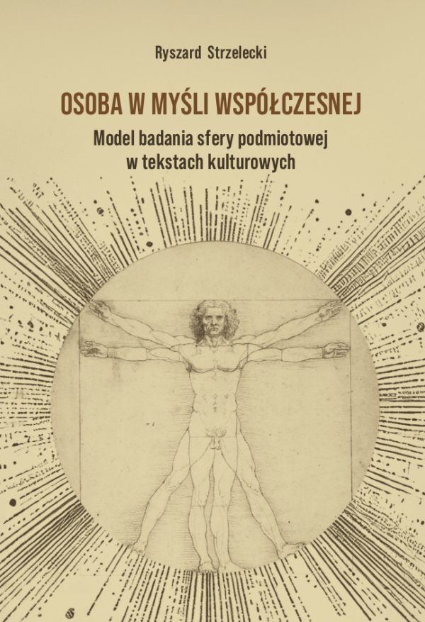 Beżowe tło, czarne liternictwo, w centrum okładki człowiek witruwiański, rysunek Leonarda Da Vinci