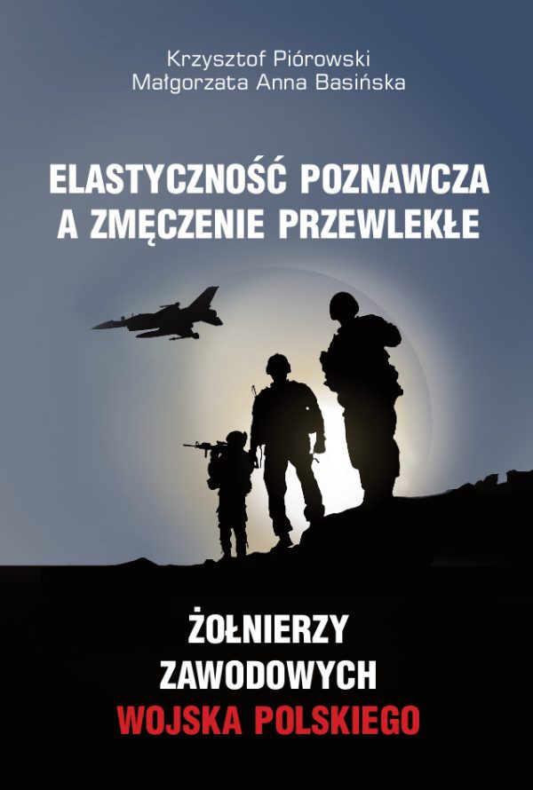 Szare i czarne tło, liternictwo białe z czerwonym akcentem, grafika przedstawiająca zarysy samolotu wojskowego i trzech uzbrojonych żołnierzy na tle zachodzącego słońca