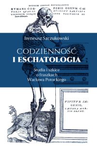 Białe tło, na nim czarna rycina z opartym o kolumnę kościotrupem, na granatowym tle białe liternictwo