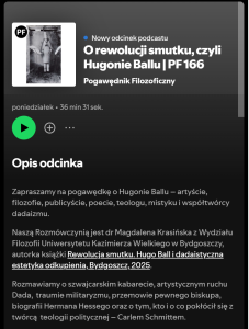Wycinek z aplikacji Spotify z podcastu na temat książki, białe litery na czarnym tle