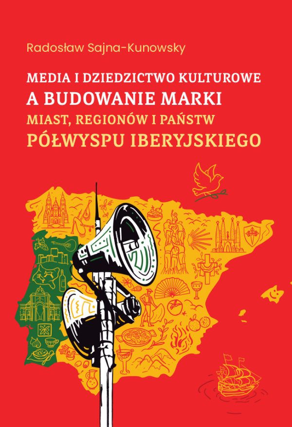 Czerwone tło, białe i żółte liternictwo,, grafika przedstawiająca megafony na tle mapy Półwyspu Iberyjskiego