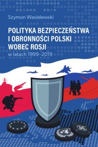 Granatowe tło, białe i niebieskie liternictwo, szara tarcza obronna między falagami polską i rosyjską, rysunki żołnierzy, samolotów, symbole sojuszów międzynarodowych