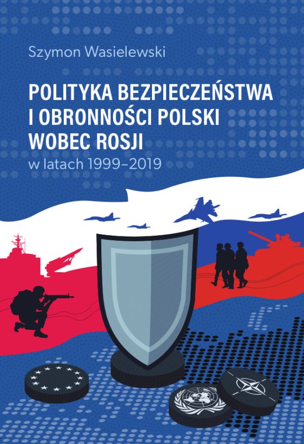 Granatowe tło, białe i niebieskie liternictwo, szara tarcza obronna między falagami polską i rosyjską, rysunki żołnierzy, samolotów, symbole sojuszów międzynarodowych
