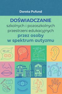 Granatowe litery na seledynowym tle. Kolorowe, pastelowe kwadraty z infografikami przedstawiającymi symbolicznie cechy spektrum i budynki szkolne