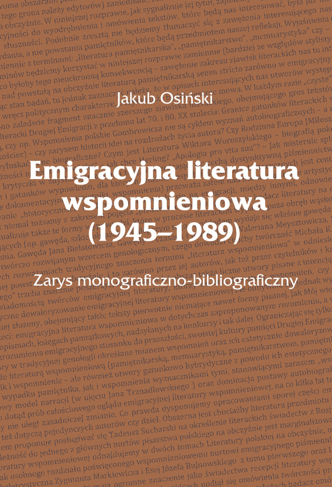 Brązowe tło zadrukowane drobnym, czarnym tekstem, białe liternictwo z tytułem i autorem