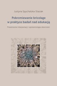 Beżowe tło, granatowe liternictwo, biały ozdobny pasek i kwadratowa grafika z abstrakcyjną kompozycją