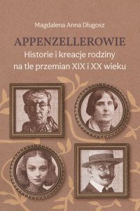 Na brązowym tle białe litery oraz brązowe grafiki z czterema grafikami z portretami członków rodziny Appenzellerów