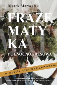 Czarne i białe liternictwo, musztardowy, skośny pasek ozdobny a w tle rozmazane zdjęcie młodego mężczyzny z roślinnością na głowie