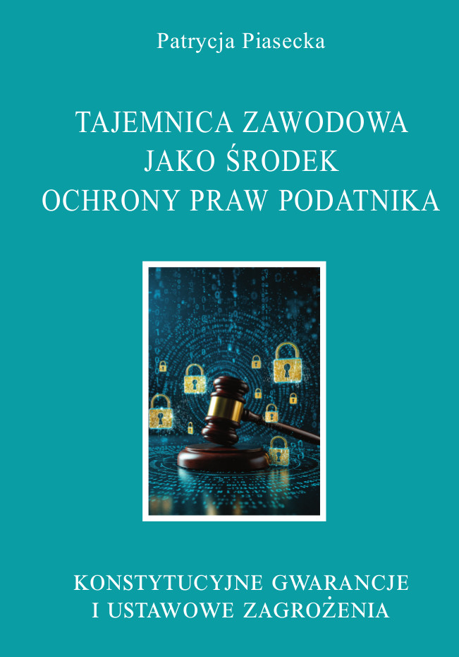 Turkusowe tło, białe liternictwo, na środku obrazek symbolicznego młotka sędziowskiego, wokół którego widać złote kłódki i wirujący tekst