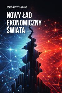 Na ciemnym tle białe litery i zajmująca większość okładki nowoczesna, metaforyczna grafika symbolizująca pękający na dwie części - niebieską i czerwoną - ląd.