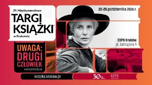 Plakat 29. Międzynarodowych Targów Książki w Krakowie, czerwone i pomarańczowe kwadraty, zdjęcie Agnieszki Osieckiej, czarne litery